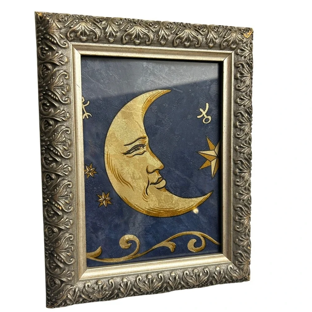 Vintage Norwall Celestial Wallpaper Framed Art Small Blue Gold Man In The Moon